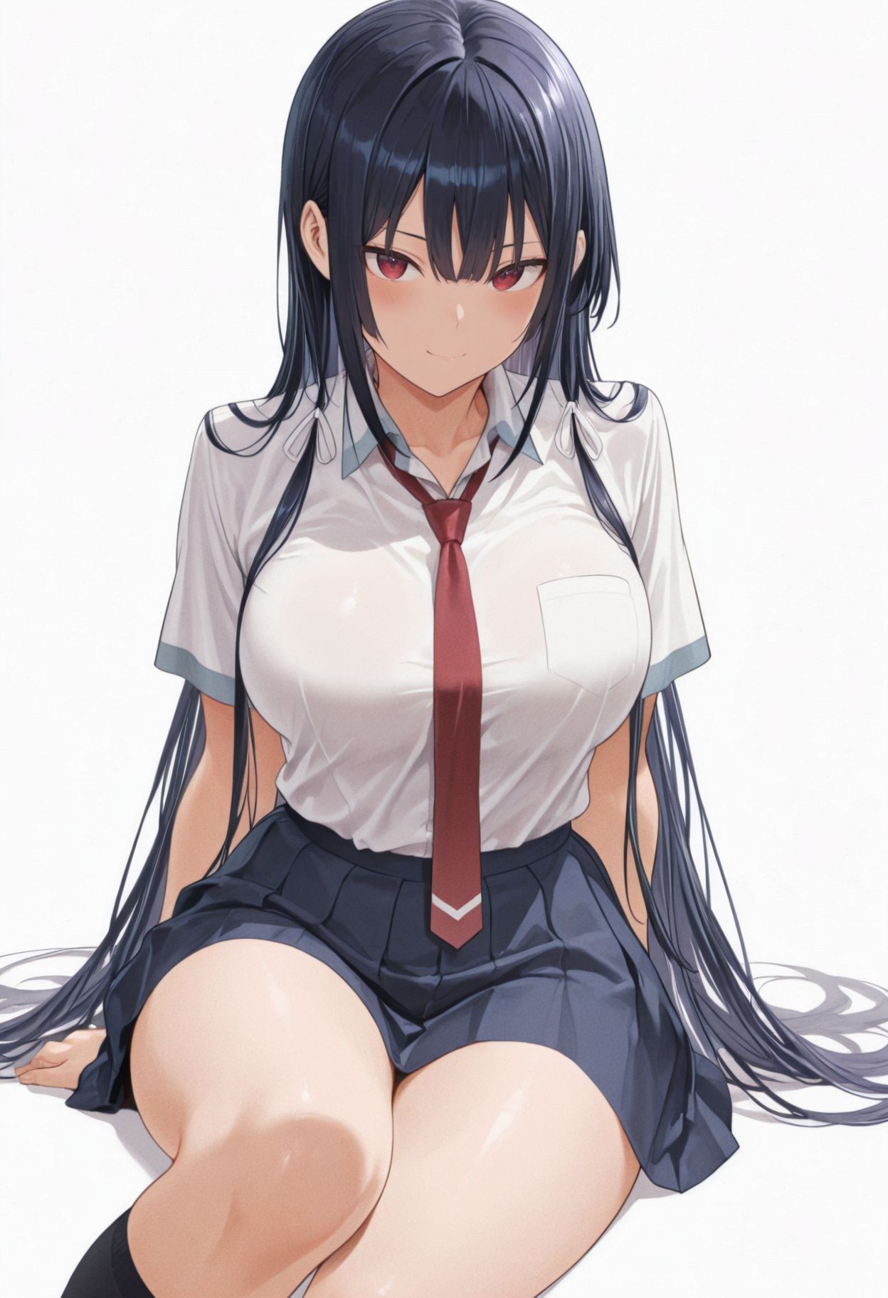 masterpiece,best quality,amazing quality, absurdres,<lora:takamine_takane_ilxl_goofy:1>  takamine takane, 1girl, solo, long hair, skirt, breasts, socks, looking at viewer, necktie, shirt, white background, kneehighs, simple background, black socks, red necktie, white shirt, school uniform, smile, short sleeves, sitting, pleated skirt, collared shirt, closed mouth, blush, large breasts, thighs, very long hair, ribbon, sidelocks