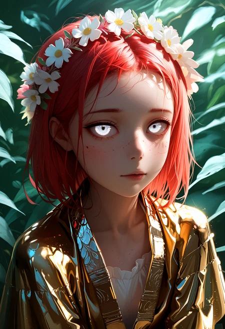 watercolor, lldn, detailed drawing, masterpiece, best quality, good quality, newest, highres, cinematic, volume light, close up, vibrant, glowing outline, blacklight, looking at viewer, little girl, freckles medium red hair, forehead, hair to side, white eyes, eyerliner, golden robe, silver wreath, white thunder in eyes, sit, nature, summer, scenery,