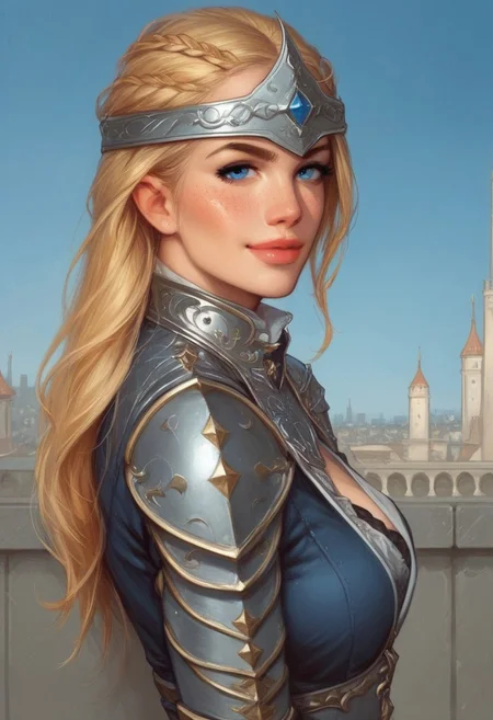 1girl, (((side view))), illustration, looking at viewer, highly detailed, source_comic_illustration, from front, 1girl, illustration, comic style, looking at viewer, highly detailed, source_comic_illustration, skinny, looking at viewer, 1girl, masterpiece, best quality, <lora:Evie_Frye_pxl:1> score_9, score_8_up, score_7_up, score_6_up, score_5_up, score_4_up, source_photo, source_real, 1girl, solo, long hair, breasts, ((gatekeeper clothes)), looking at viewer, blonde_hair, ((((medieval wiking helmet)))), cleavage, closed mouth, blue eyes, guards armor, eyelashes, ((leather armor)), freckles, realistic, nose, (((dynamic pose, dynamic angle)))
BREAK
sad smile, looking at viewer,
BREAK
best quality, depth of field, bokeh, (((full clothed))) (best quality, high detail), ((masterpiece)), ((((holdind big sword in hands)))), <lora:1_ino_20e:1>
BREAK
((((blue sky, city)))) score_9, score_8_up, score_7_up, score_6_up, source_cartoon, rating_explicit, Expressiveh, (((((upper body))))), dynamic pose