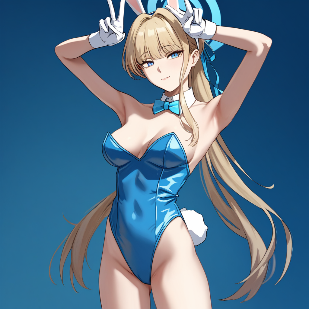 ULTR4B1N0U5TYL3, source_hentai, score_9, score_7_up, blue archive, toki \(bunny\) \(blue archive\), double v, long hair, blonde hair, playboy bunny, standing, arms up, armpits, medium breasts, strapless leotard, masterpiece, best quality, Newest