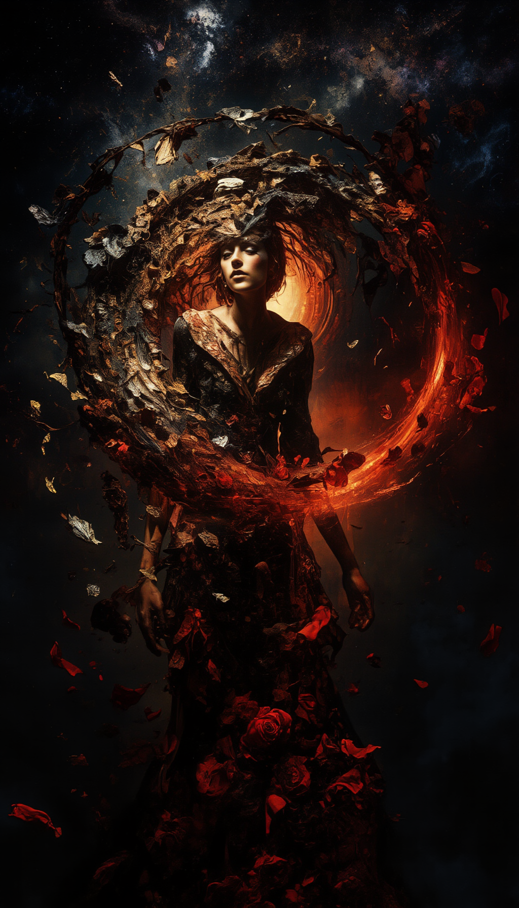 A beautiful woman stands at the edge of a vast, starry void, her form beginning to dissolve into a swirling storm of black, gold, silver, and red rose petals. Her face is serene, almost ethereal, as if she’s accepted her transformation. Her long hair flows gently in an otherworldly breeze, and her eyes, filled with a mix of sadness and wonder, gaze into the infinite cosmos.

As the petals break away from her body, they are caught in a cosmic whirlwind, spiraling upward into the darkness. The black petals shimmer faintly, their edges glowing with gold and silver, while the red petals burn like embers, leaving trails of fiery light. The stars around her pulse and twinkle, their light reflecting off the petals and creating a mesmerizing dance of shadows and light.

The atmosphere is a perfect blend of melancholy and beauty, capturing the woman’s transition from the physical world to the cosmic unknown. The scene is both haunting and enchanting, as if she’s becoming one with the universe itself."

Additional details for refinement:

Style: Hyper-realistic or semi-realistic, with a focus on atmospheric lighting and fluid motion.

Lighting: Soft, cosmic light with glowing highlights on the petals and stars.

Color palette: Deep blacks, shimmering golds and silvers, and fiery reds (petals), with shimmering whites and blues (stars).

Mood: Melancholic, mystical, and awe-inspiring, with a sense of transcendence and beauty.