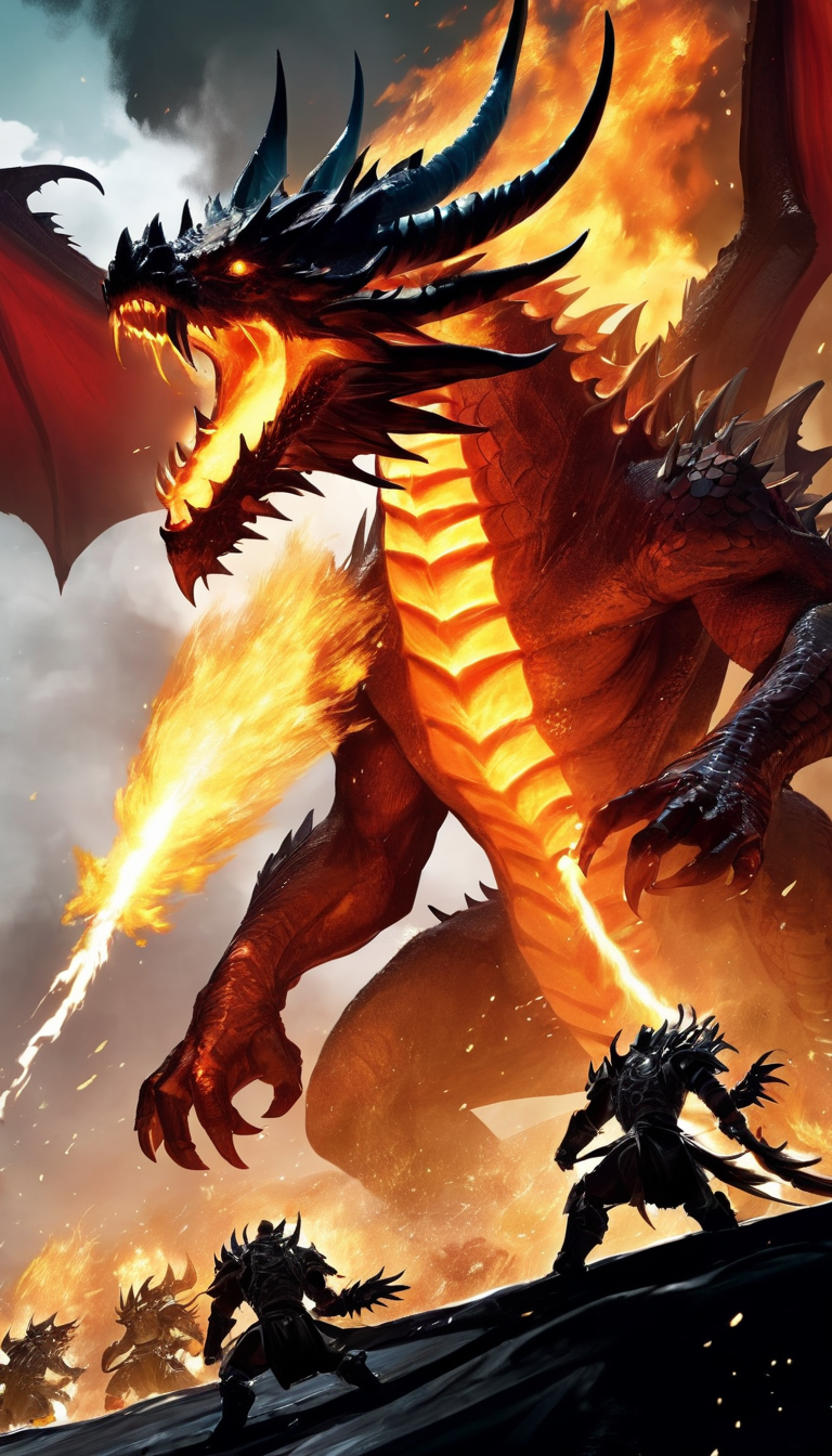 Cinematic scene, a dragon breathing fire at an enemy army, with smoke rising from its mouth and claws, masterpiece, best quality, high quality, absurdres, vivid, guild wars 2 <lora:guild_wars_xl_v3:1>