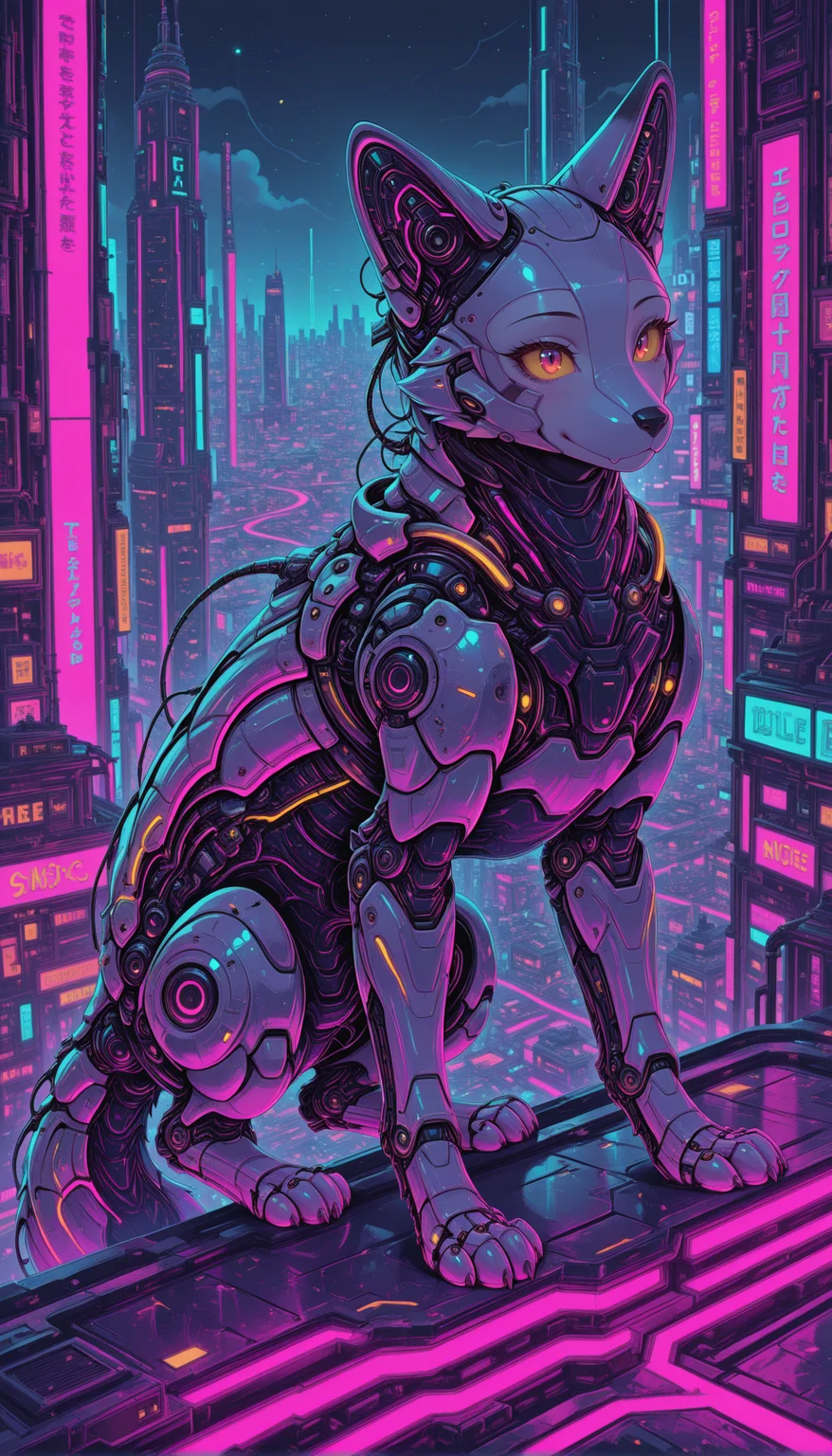 animal focus, futuristic robotic fox, sleek metallic body with glowing cyan stripes, standing on a neon-lit rooftop, overlooking a cyberpunk cityscape masterpiece, best quality, amazing quality, very aesthetic, absurdres, detailed eyes, newest, <lora:PinkieNeonCybercoreIL:1>, pinkneoncybercore,