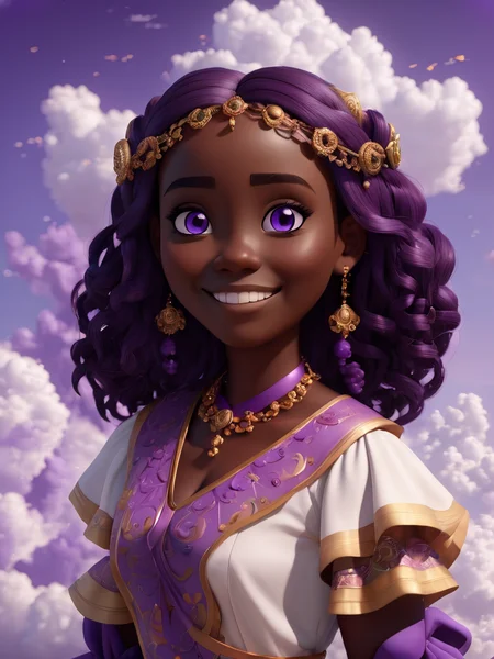 3D Style, (masterpiece), girl, dark skin, purple eyes, smile, posing for a picture, cloud <lora:3d_render_style_xl:0.8>