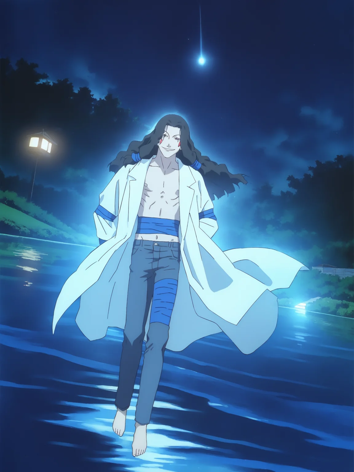 score_9, source_anime, masterpiece, best quality, white background, <lora:Masami Eiri_PDXLv0.5:0.8> 1boy, masami eiri \(sel\), standing, full body, looking at viewer, smile, floating, crossed legs,  water, night, moonlight, outdoors,