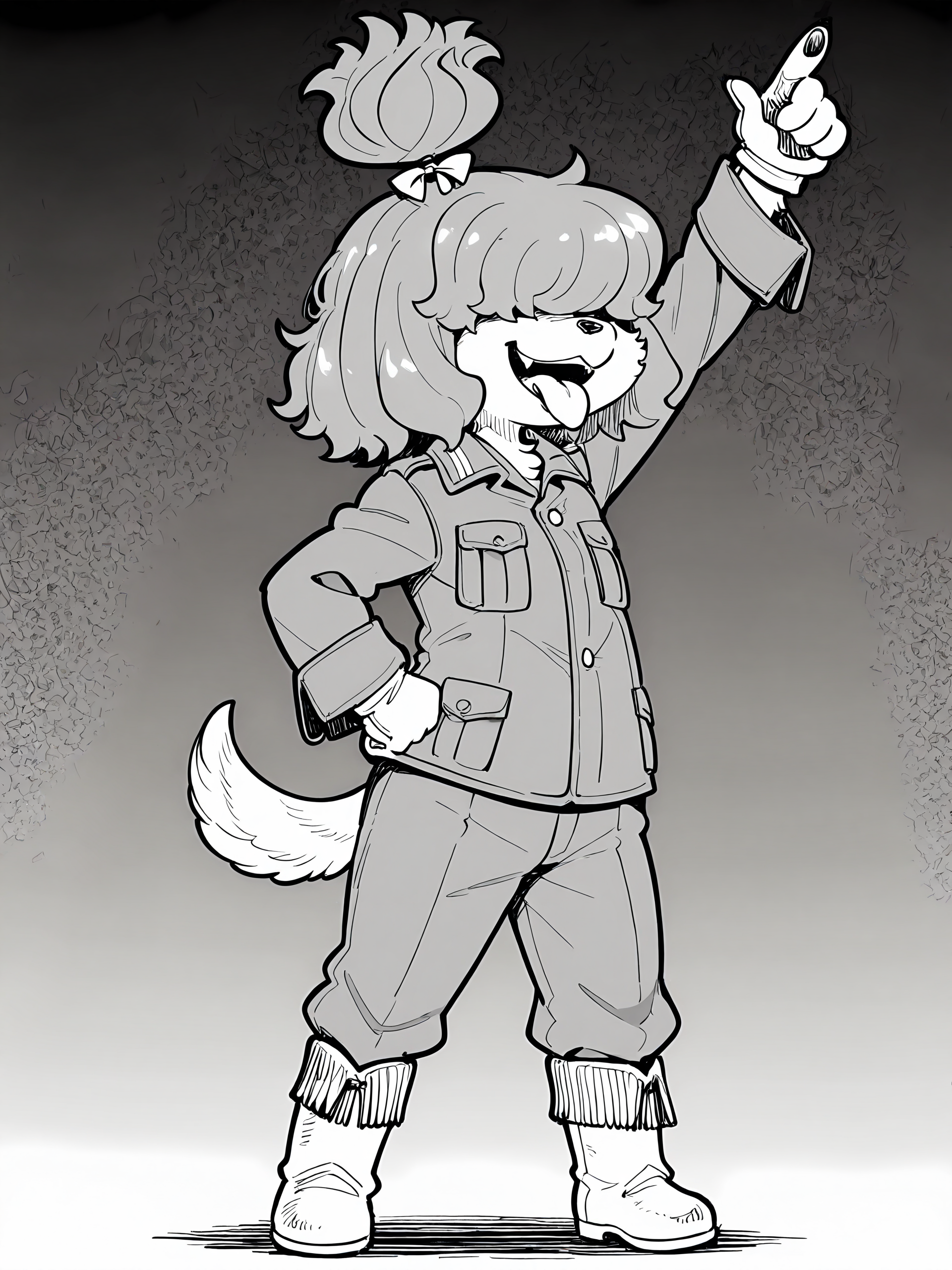 BREAK, <lora:Wappa_Charlotte:1>, Wappa Charlotte, Fuga: Melodies of Steel, kemono, furry female, young female, 1girl, dog girl, tan fur, (hair over eyes), red hair, bangs, dog tail, Fuga 1 appearance, topknot, ponytail, hair bow,
BREAK, military uniform, boots, gloves,  
BREAK, solo, full body, greyscale, monochrome, manga, open mouth, tongue out, smile, hand on hip, arm up, pointing
