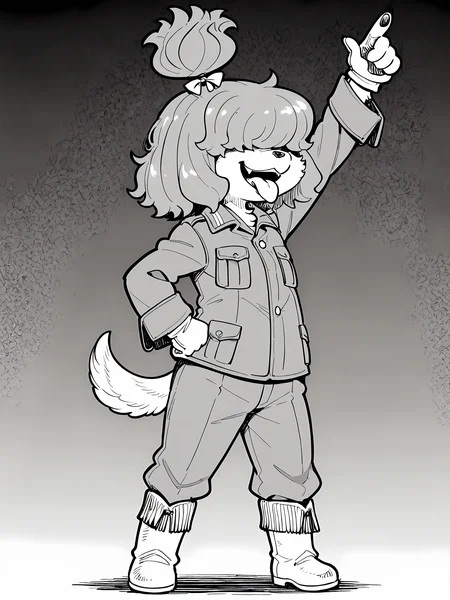 BREAK, <lora:Wappa_Charlotte:1>, Wappa Charlotte, Fuga: Melodies of Steel, kemono, furry female, young female, 1girl, dog girl, tan fur, (hair over eyes), red hair, bangs, dog tail, Fuga 1 appearance, topknot, ponytail, hair bow,
BREAK, military uniform, boots, gloves,  
BREAK, solo, full body, greyscale, monochrome, manga, open mouth, tongue out, smile, hand on hip, arm up, pointing