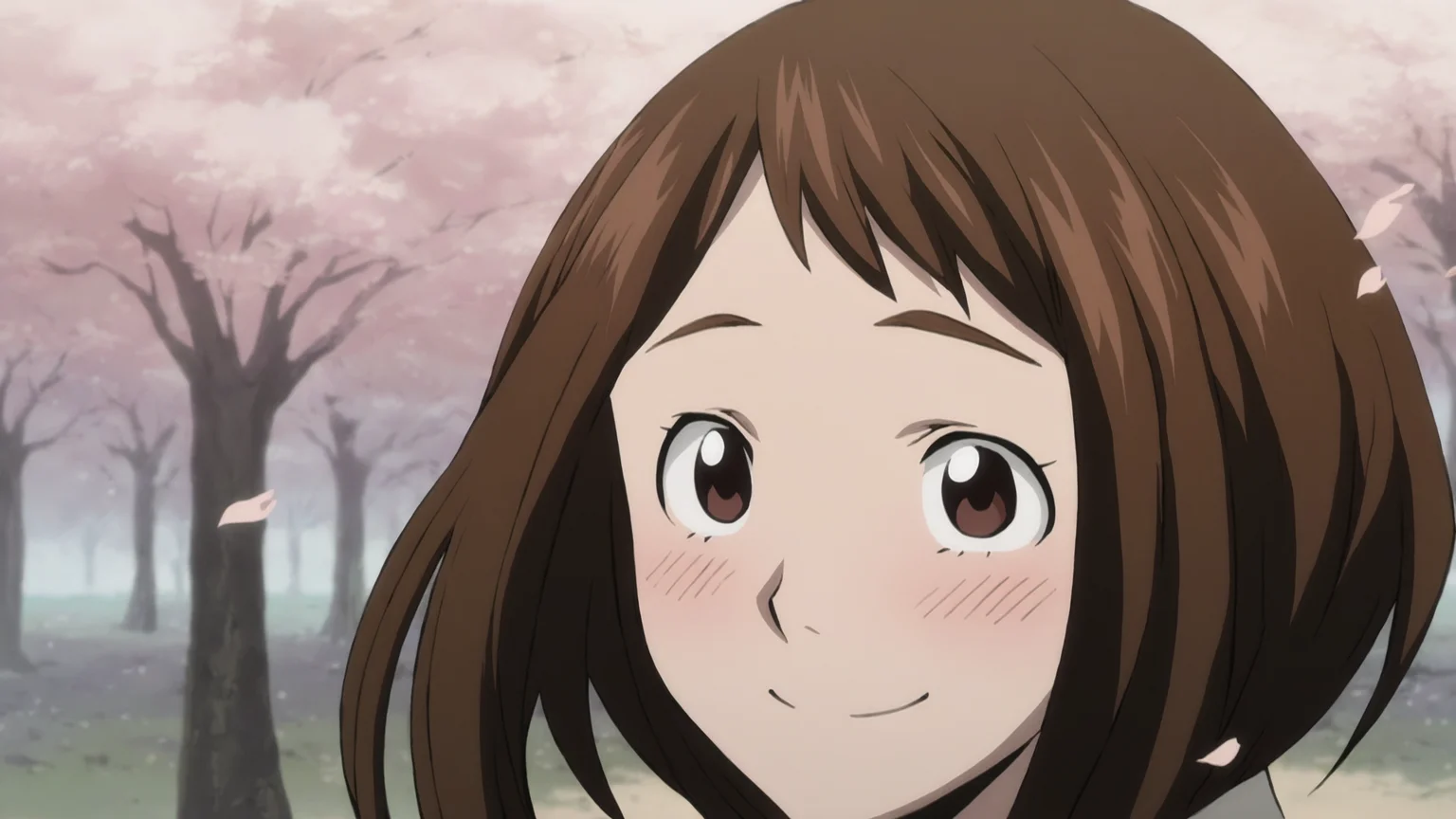 death_note_style, anime screencap, anime coloring, masterpiece, best quality,amazing quality, cinematic lighting, ochaco uraraka, 1girl, solo, sharp brown eyes, narrow and proportional, soft heart-shaped face, happy, blushing, outdoors, blossom, cherry blossom, trees, wind, petals <lora:death_note_style:1>