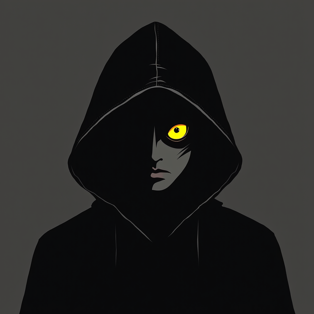 abstract artstyle, logotype containing black and grey colors, yellow eye hiding in the shadow of the hood, hood is tottaly black except eye that emerging from it