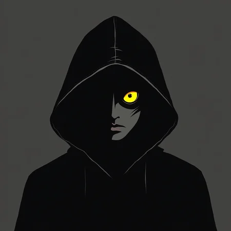 abstract artstyle, logotype containing black and grey colors, yellow eye hiding in the shadow of the hood, hood is tottaly black except eye that emerging from it