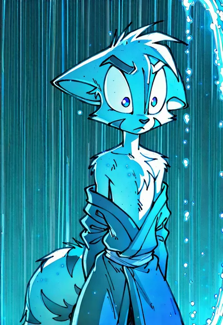 Mace, Dreamkeepers, 1boy, anthropomorphic, feline-like, white fur, spiky hair, masterpiece, best quality, chest fur, <lora:Dreamkeepers_Mace_Illustrious:0.8>,
,masterpiece, best quality, amazing quality, male, score_9, score_8_up, score_7_up, solo, no text, high detailed, high quality, masterpiece, no text, quality highlights, 8k detail, detailed background, ultra-detailed, high quality, best quality, rendering, high resolution, best render quality, standing, facial features, white skin, Japanese Temple, medium bushy tail, male, detailed hair, narrow shoulders, one tone torso, two tone face, two tone tail, sexy, vibrant details, fluffy fur, blue eyes, wide curves, black nose, Blue robe, Golden katana, serious expression, blood on face, looking cool, rain pouring down, dark lighting, facial, closeup of eyes, intense expression, angry, determined