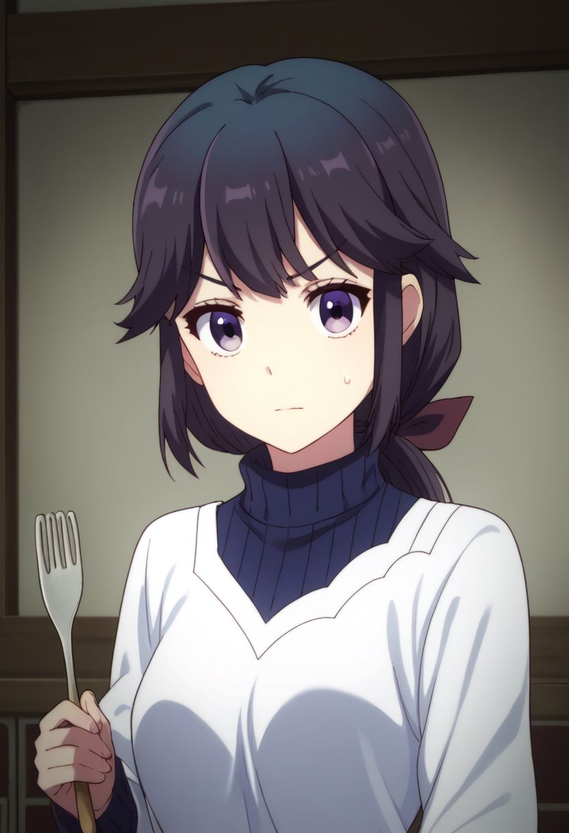 score_9, score_8_up, score_7_up, source_anime, highly detailed, 
seiko, 1girl, solo, purple eyes looking at viewer, holding, apron, 
sweater, upper body, black hair, ponytail, long hair, kappougi, sweatdrop, short hair, fork, bow,
indoor, japanese