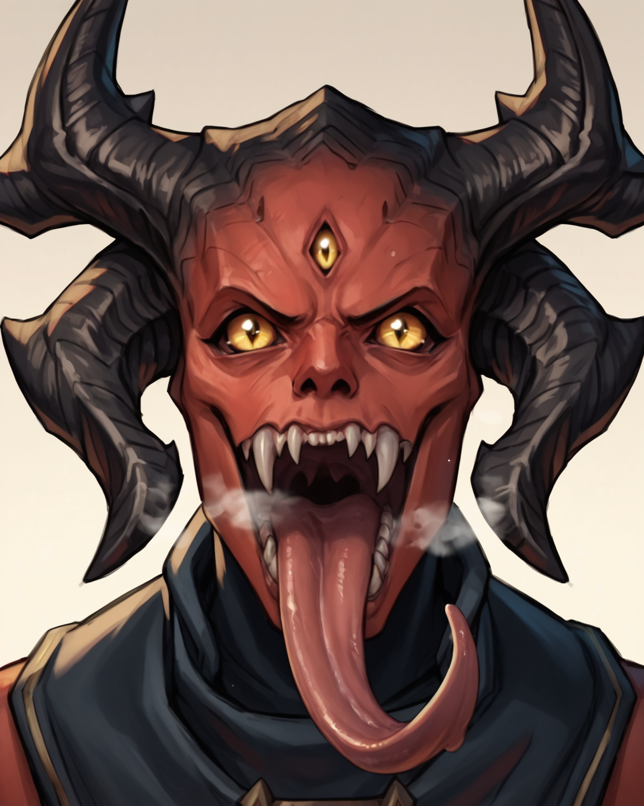 score_9, score_8_up, score_7_up, score_6_up, score_5_up, score_4_up, best quality, highres, simple background, close-up, portrait BREAK
<lora:Unknown_Metal_Hellsinger_Pony_SDXL:1> unknown_mh, metal_hellsinger, red body, yellow eyes, 3 eyes, looking at viewer, horns, open mouth, sharp teeth, fangs, long tongue, panting, steam