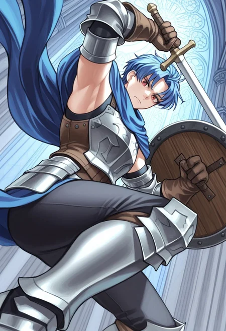 source_vanillaware,
from below, mid air, action pose, blue lighting,
1boy, solo,
AlainIL, Alain Unicorn Overlord,
red eyes, blue hair, parted bangs,
blue shawl, steel breastplate, exposed armpits, brown corset, hip armor, steel sleeves, leather gloves, blue surcoat, pelvic drape, black pants,
grit teeth, serious, looking at viewer, jumping,
slashing sword,
shortsword, holding up sword,
round shield, wooden shield, shield behind,
cathedral,