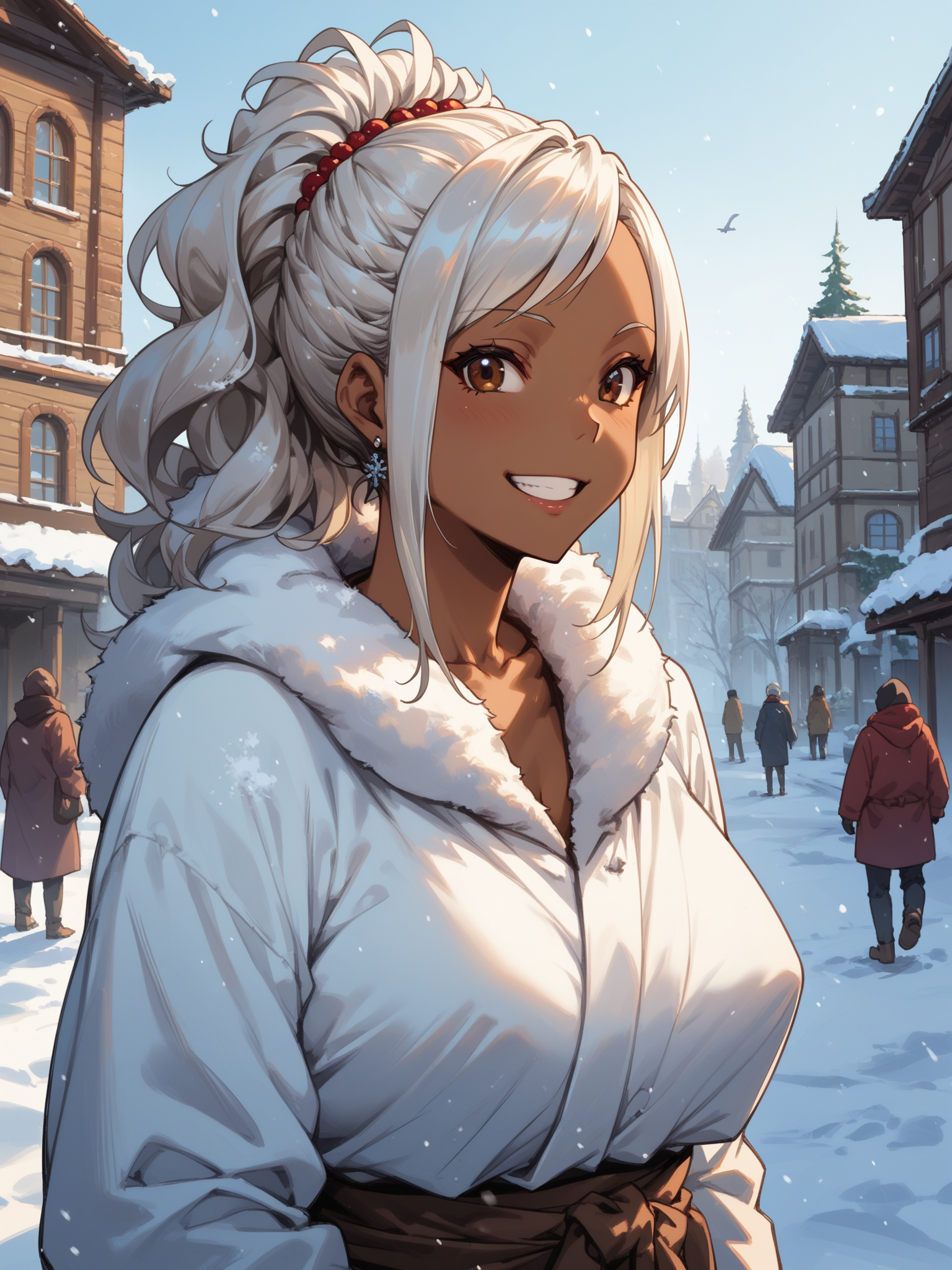 (upper body, solo focus:1.2) <lora:happy_tentacle-mao-v0.2-000036:1>, ht_mao, white hair, brown eyes, tan, dark skin, large breasts (petite:1.2), <lora:Shed_The_Skin's StS_age_slider_v1_initial_release:-1> ( :1.1) (sagging breasts:1.2) ( , , (traumatized :1.2) , smile , :1.1) , outdoors, vegetation, (overgrown :1.1), winter, snow , (day :0.6), (blue sky:0.6) , (:0.5), people , (european architecture :0.9), (chasm :1.2) ( :0.8) score_9, score_8_up, score_7_up, score_6_up, score_5_up, score_4_up, ( [(realistic, photorealistic:1.3):(realistic:1.2):14] [(3d:1.2)::12] :1) <lora:LUUNA's Lunas-NijiJourney-SDXL-B2:0.35>, nijijourney <lora:prgfrg23's Counterfeit-V3.0 Style SDXL_LoRA_Pony Diffusion V6 XL:0.5> <lora:mfcg's mfcgXL:0.12> <lora:reweik's gyokai(himehajime)_PonyXL_style_v01:0.14>