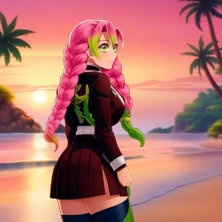 anime artwork sideview of 1girl, ass, black demon slayer uniform, green thighhighs,green eyes, breasts, cleavage, multicolored pink long hair, mole, on a beach, sunset <lora:MitsuriKanroji1024:0.8> . anime style, key visual, vibrant, studio anime, highly detailed