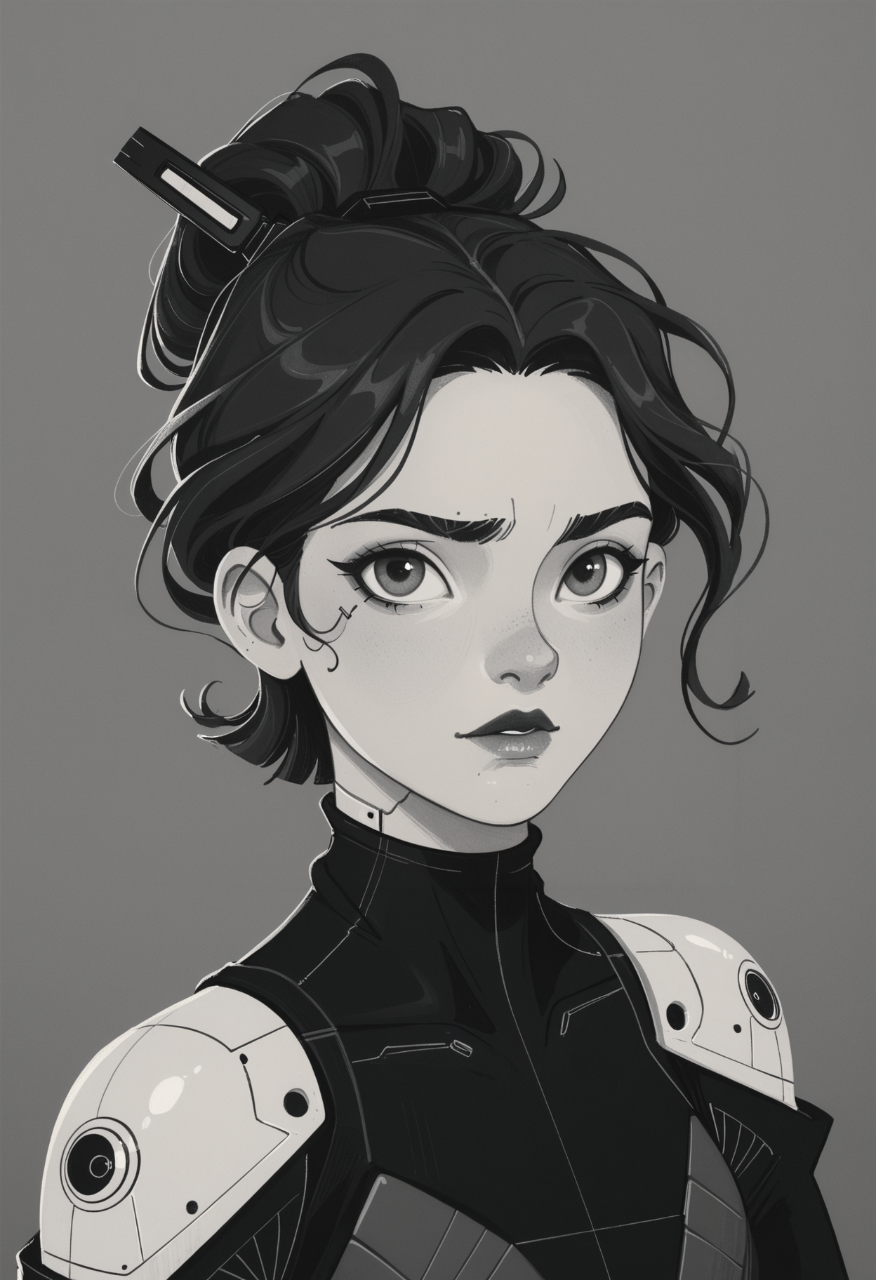 score_9, score_8_up, score_7_up,BREAK,1woman,black hair,slick hair,updo hair,short hair,wearing robotic headgear,monochrome,black and white,cyberpunk,steelpunk,msmln,<lora:add-detail-xl:1>, <lora:MSMLN:0.71>