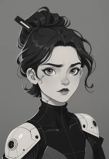 score_9, score_8_up, score_7_up,BREAK,1woman,black hair,slick hair,updo hair,short hair,wearing robotic headgear,monochrome,black and white,cyberpunk,steelpunk,msmln,<lora:add-detail-xl:1>, <lora:MSMLN:0.71>