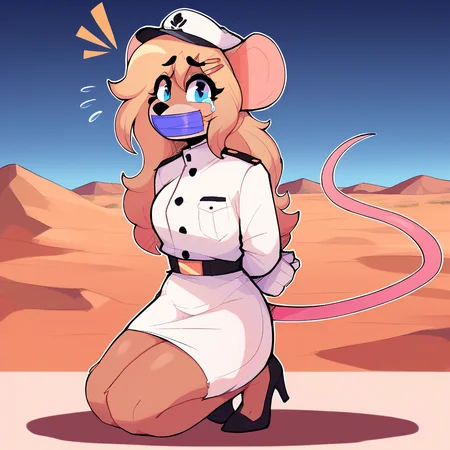score_9_up, score_8_up, score_7_up, score_6_up, furry female, full-length portrait, by remanedur, ela novabay, female, furry, mouse, blue eyes, blonde hair, long hair, tail, white gloves, desert, headwear, (headgear), high heels, looking at viewer, hairclip, white naval uniform, (solo), three-quarter view, head tilt, tape gag, hands behind back, crying, tears, shocked, white clothing, <lora:Leah_Pines(AIM)_XL_v1:1>, <lora:PDXL_artist_tags_v2_big:0.8> <lora:The-Minuscule-Task_PDXL_v1.0:0.8> <lora:Ela_Novabay_WirelessShiba:0.15>