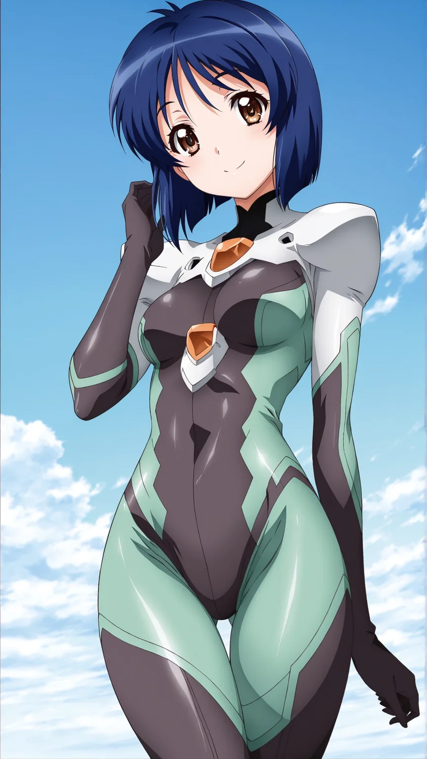 masterpiece, best quality, anime coloring, science fiction, blue sky
1girl,solo, smile
 <lora:Satsuki-Kawamoto_lL_v01:1> satsuki-kawamoto, blue hair, short hair, brown eyes, bodysuit, pilot suit, thigh gap, skin tight