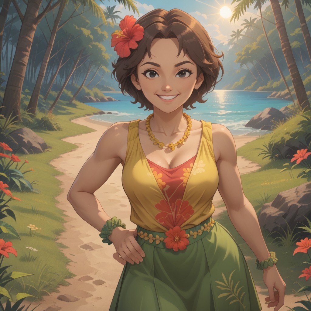 score_9, score_8, BREAK, solo, 1girl, female mii, brown hair, hibiscus hair ornament, black eyes, black eyebrows, brown sleeveless shirt, flower necklace, leaf wristbands, flower belt, green skirt, calf rings, barefoot, breasts, Hula_Dance_Teacher_(Wii_Fit_U), cute, self portrait, smile, looking at viewer, outdoors, sunlight, shadows, evening lighting, natural lighting, forest, trees, grass, orange sky, sunset