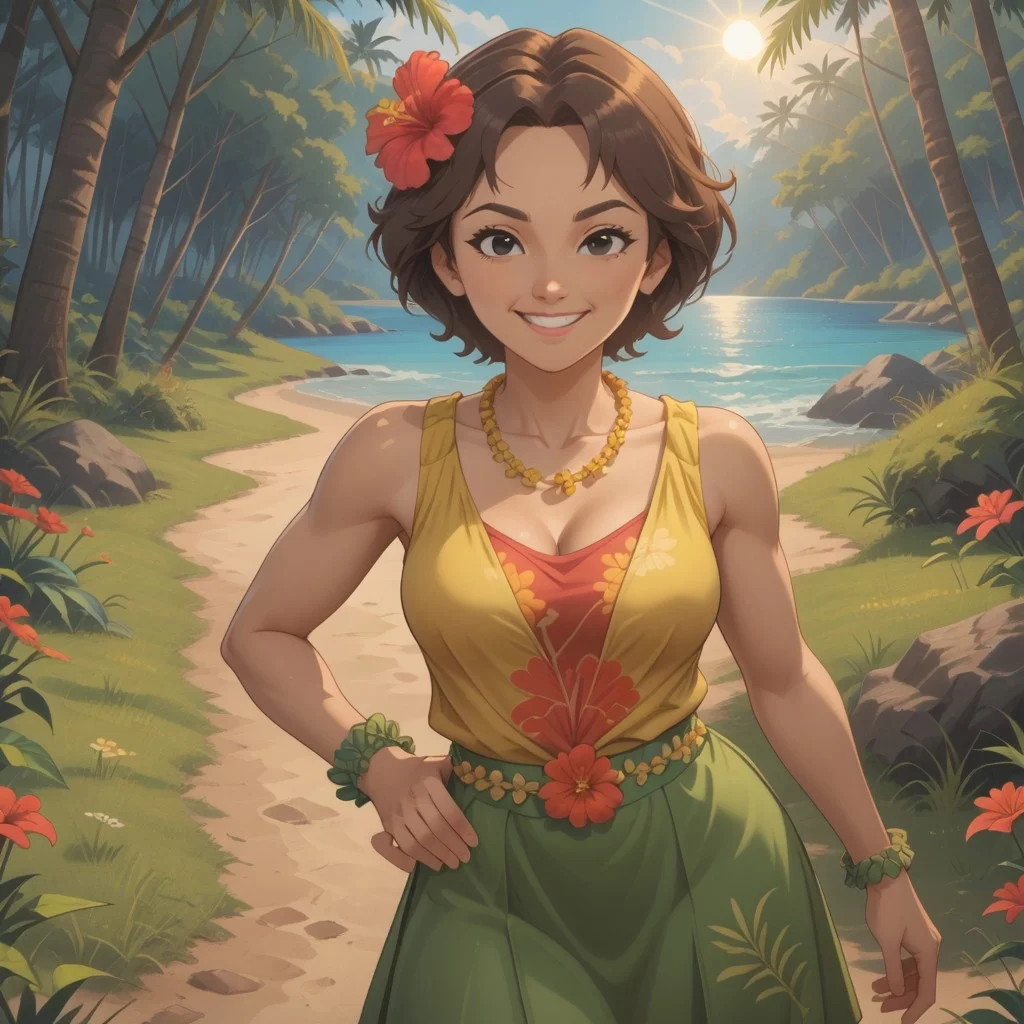 score_9, score_8, BREAK, solo, 1girl, female mii, brown hair, hibiscus hair ornament, black eyes, black eyebrows, brown sleeveless shirt, flower necklace, leaf wristbands, flower belt, green skirt, calf rings, barefoot, breasts, Hula_Dance_Teacher_(Wii_Fit_U), cute, self portrait, smile, looking at viewer, outdoors, sunlight, shadows, evening lighting, natural lighting, forest, trees, grass, orange sky, sunset