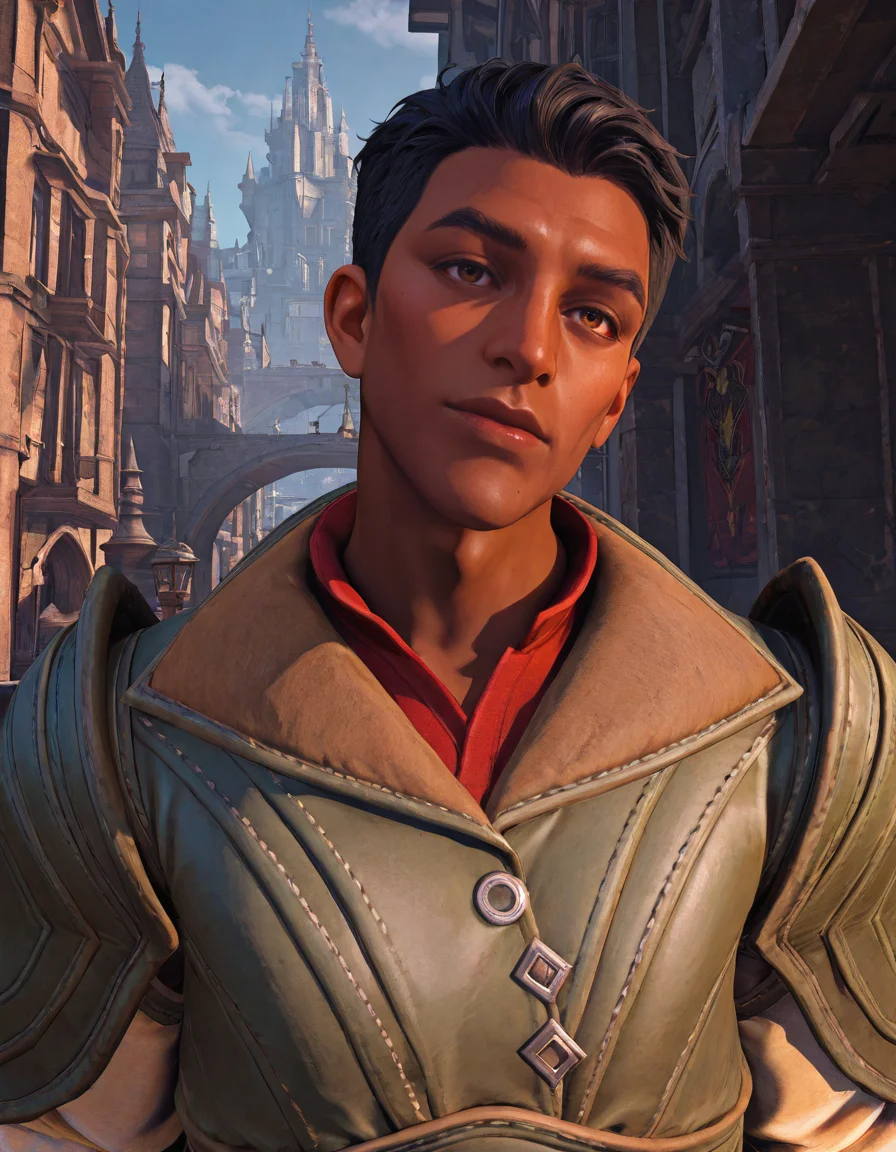 cinematic_depth, 8k, soft_lighting, warm_glow, ultra_high_quality, masterpiece, best quality, newest, perfect quality, best quality, detailed background, intricate details, male focus, realistic, day, <lora:Dragon Age Veilguard - Elek Tavor - Illustrious-000005:0.8>, e_tavor, 1boy, dark skin, black hair, short hair, brown eyes, outdoors, city,leather armor, leather bracers, red undershirt, white sleeves, head tilt, looking at viewer, portrait