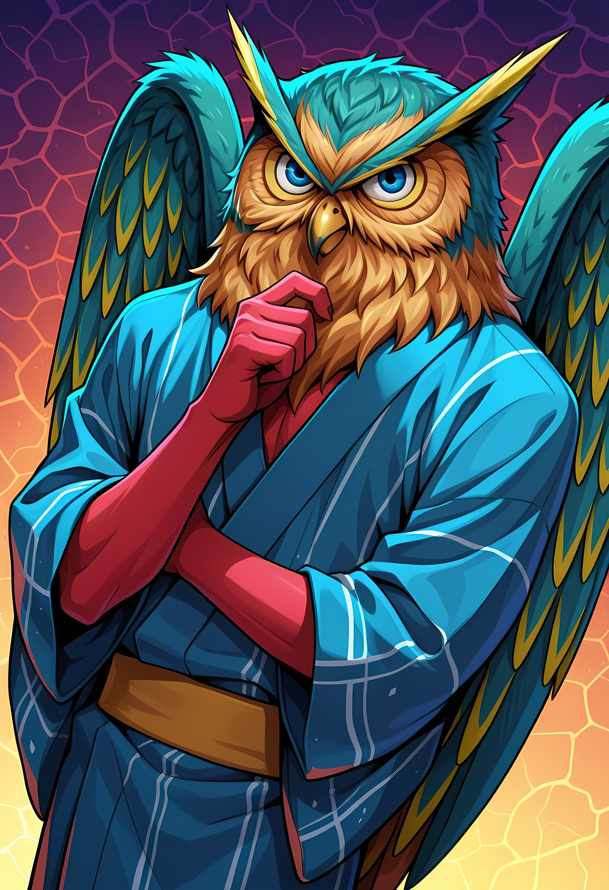 masterpiece, best quality, amazing quality, dutch angle, abstract background, BREAK
1boy, solo, male focus, smt_andras, owl man, blue eyes, beak, red skin, green feathers, green wings, yukata, japanese clothing, BREAK
<lora:cfg_scale_boost:.6>  <lora:Andras_-_Shin_Megami_Tensei_-_ILXL:1.0>