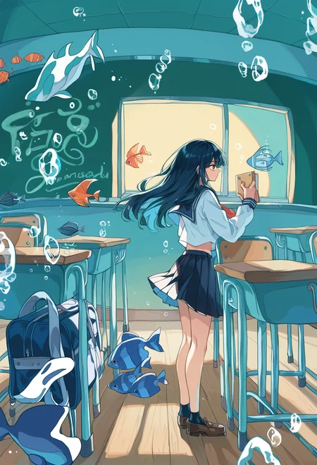 score_9, score_8_up, score_7_up, 1girl, fish, desk, classroom, chalkboard, long hair, skirt, school desk, bubble, solo, black hair, chair, indoors, school uniform, black skirt, shirt, wide shot, surreal, pleated skirt, school chair, limited palette, white shirt, standing, serafuku, long sleeves, holding, air bubble, underwater, tropical fish, shadow, bag, window, goldfish, sailor collar, <lora:ichigoame-xl-v2-000010:1>,