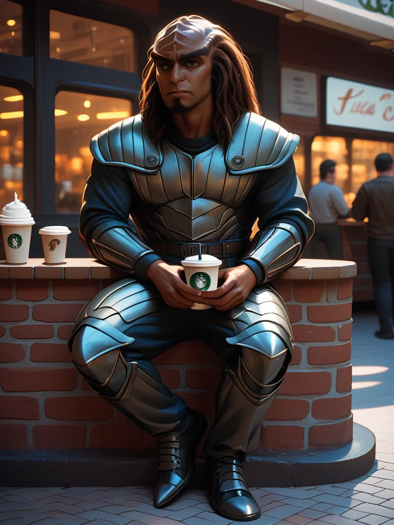 sitting at a sidewalk cafe drinking a latte <lora:Klingon_v2_pony:1> score_9,score_8_up,score_7_up,score_6_up,score_5_up,score_4_up , 1man, kling0n alien, large forehead ridges, brown skin, large eyebrows, wearing warrior armor,