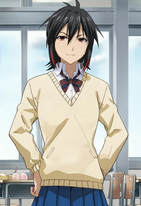 (score_9, score_8_up, score_7_up, source_anime,masterpiece,best quality,highres,absurdres,official art,official style,source_anime,anime screencap,anime coloring,megami magazine,anime,animated),zPDXL2,skin highlights,(1girl, solo), Ichinose_Nagi, black hair, red eyes, androgynous, school uniform, sweater, skirt, standing, hands on hips, looking at viewer, smile, closed mouth, classroom, indoors,