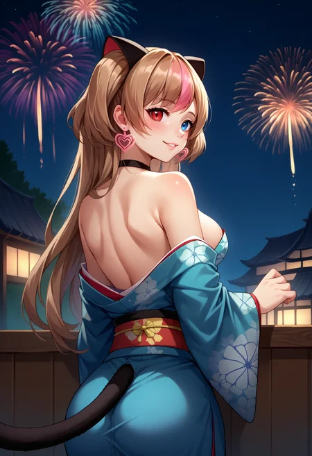 score_9,score_8_up,score_7_up,detailed,1girl,jelomk23def,medium breasts,from behind,night,fireworks,light brown hair,streaked hair,pink hair,fake animal ears,two side up,long hair,red eyes,heterochromia,blue eyes,heart earrings,kimono,off shoulder,cat tail,looking back,seductive smile,<lora:MK23-JeloXL-000008:1>,