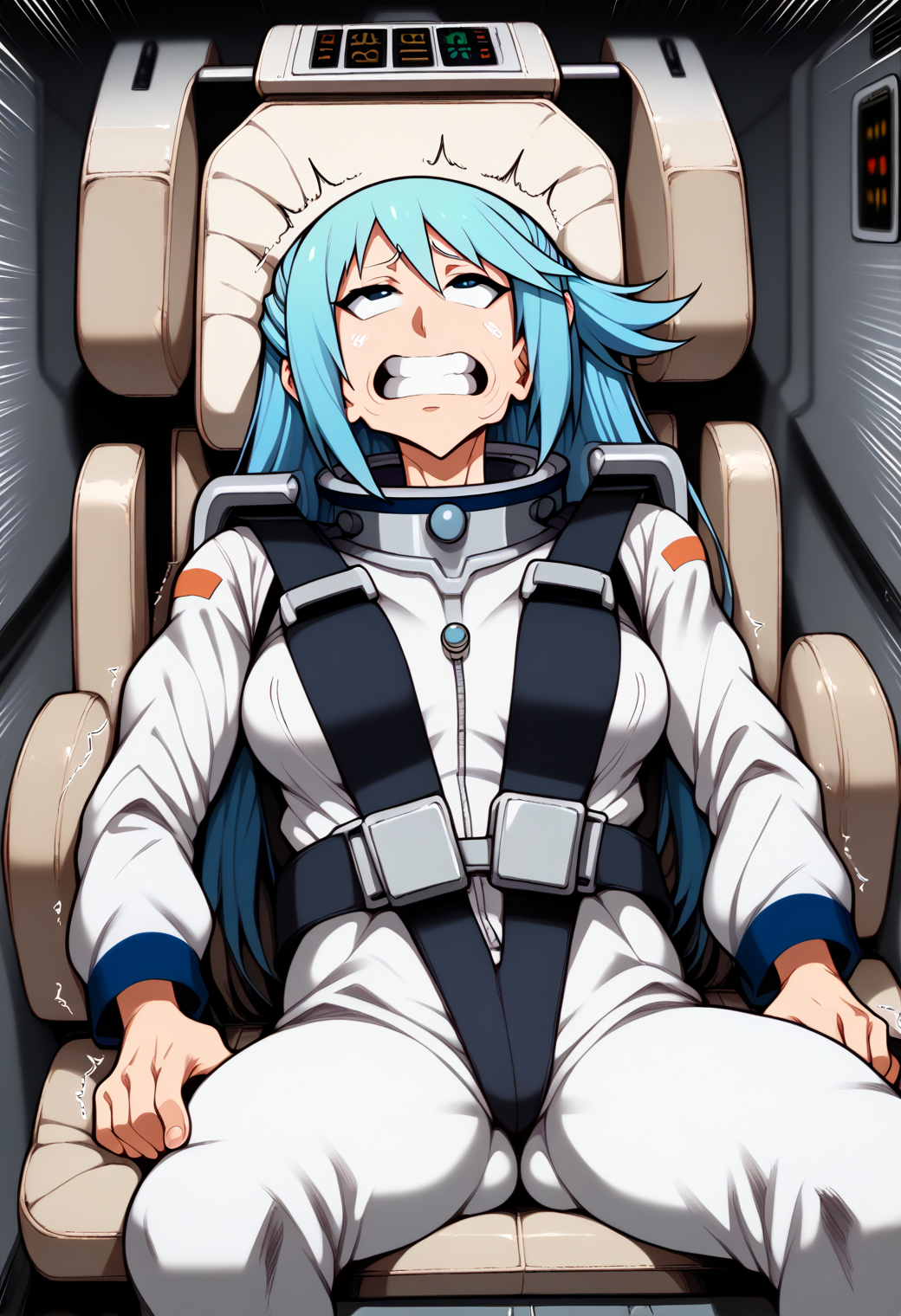 score_9,score_8_up,score_7_up, score_6_up,score_5_up,score_4_up,source_anime, BREAK 
1girl, aqua \(konosuba\), female astronaut, blue hair, long hair, (spacesuit:1.6) bodysuit, seatbelt harness, (pilot chair:1.1), (cushion:1.1), (cowbot shot:1.3), (trembling:1.6), on back, reclining, (speed lines, motion blur:1.6), half-closed eyes, clenched teeth, holding on, arms to sides, hands to sides, looking ahead, cheek bulge, fainting, solo, cockpit, indoors, dark room, dimly lit, (sci-fi:1.2), (launching:1.4),(gf0rc3xl:1.2),  <lora:2024-06-02_17-06-55-save-920-10-0:1> <lora:fishine:0.8>