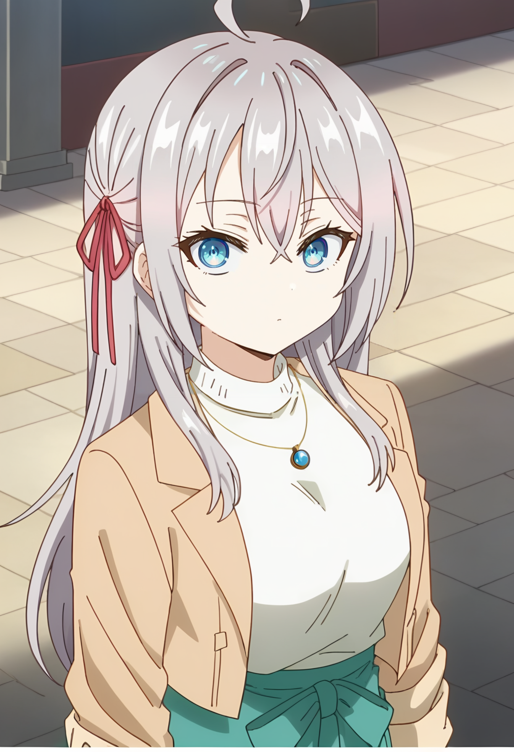 alisa mikhailovna, long hair, 1girl, grey hair, solo, blue eyes, hair between eyes, hair ribbon, red ribbon, crossed bangs, ahoge,  green skirt, shirt, red ribbon, brown jacket,turtleneck, necklace, sweater, looking at viewer <lora:Alisa Mikhailovna:0.9>, score_9, score_7_up,anime coloring ,source_anime, anime