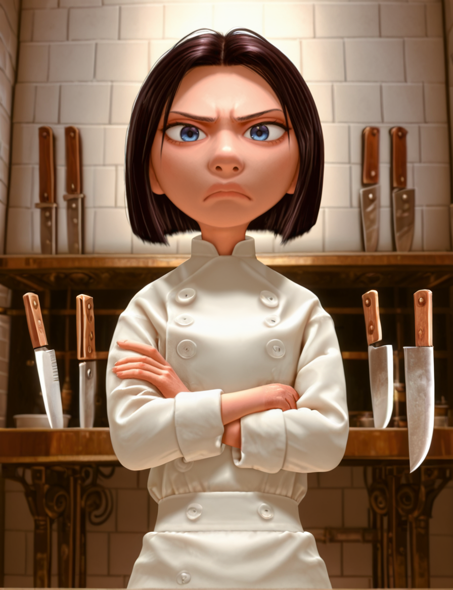 <lora:ColetteIllustrious1.0JLFO:1> colette, 1girl, short hair, black hair, chef, blue eyes,crossed arms, frown, knife, holding knife,looking at viewer,