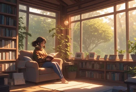 FFCB, Simple Anime, Cozy study corner at the library, plant, bookshelves, reading lamp, big glass windows, 1woman reading a book