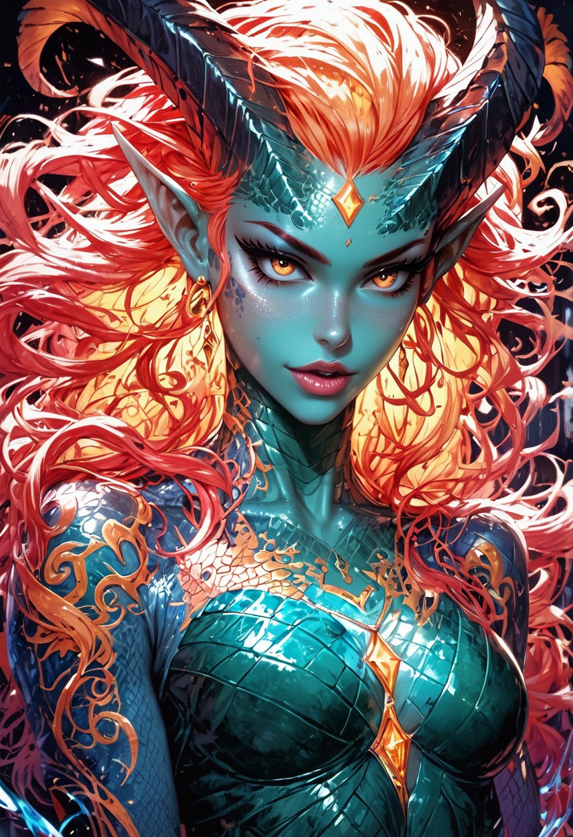 (score_9, score_8_up), score_7_up, zPDXL, solo,  <lora:MythP0rtr4itStyle:1>, closeup, upper body,female creature, horns, legs and chest and arms covered in extremely transparent, almost invisible neon colorful scales that refract and shimmer, revealing the creature's skin beneath with an intensely soft, ethereal glow.Stand facing the audience,extremely transparent scales,extremely transparent scales,extremely transparent scales,tattoo