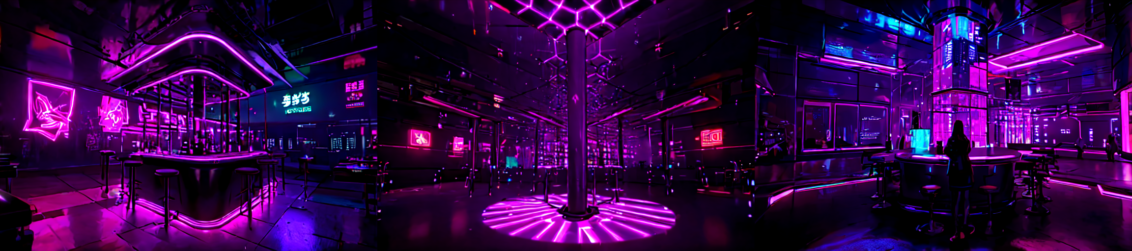 highly insanely detailed, masterpiece, top quality, best quality, highres, 4k, 8k, RAW photo, (very aesthetic, beautiful and aesthetic), 
__lazy-wildcards/subject/env-bg-interior/cyberpunk_club/prompts__, 
<lora:Cyberpunk_Club:0.8>, 
(1girl:1.3), 1other, 
__lazy-wildcards/dataset/background__,âââ