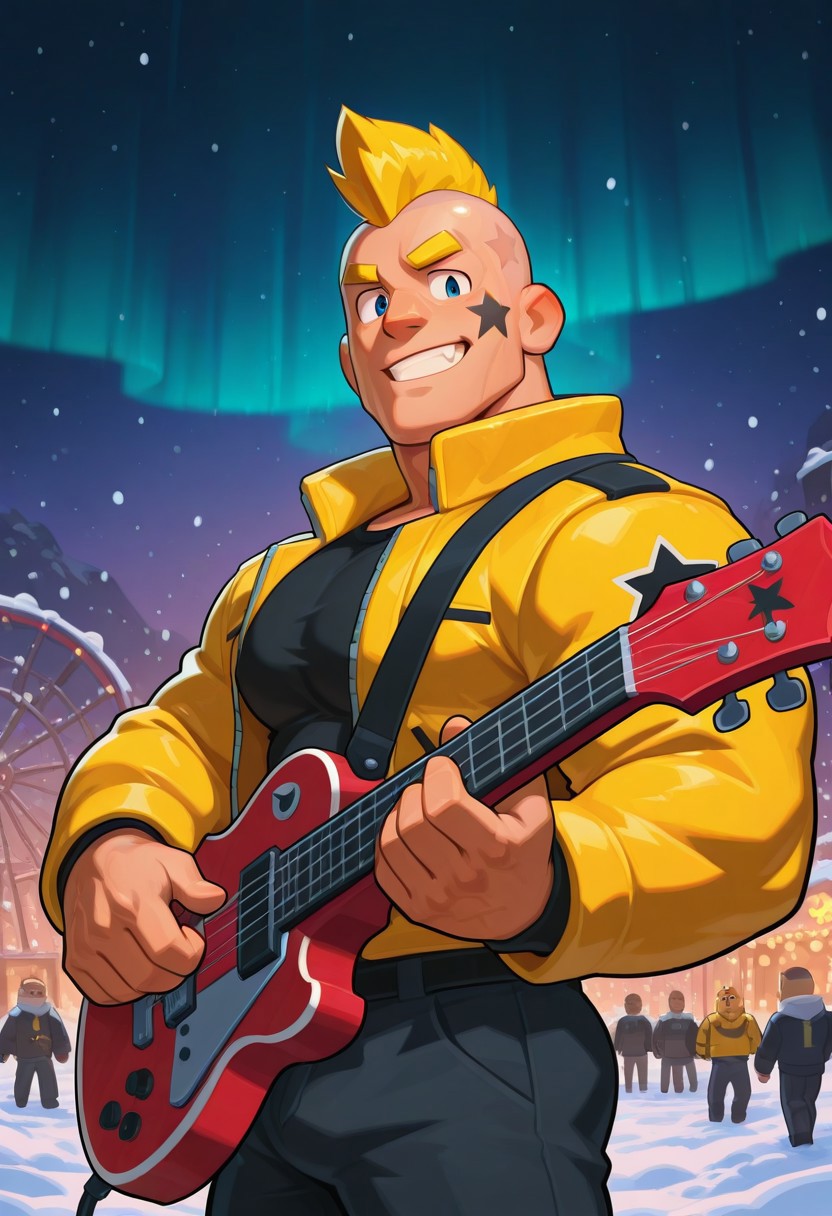 mbtiesfp, 1boy, blonde, short hair, black star on face,, yellow jacket, black shirt, looking at viewer, smirk, grin, happy, brawlStars, in the amusement park, pants, portrait, half body, upper body, blue eyes, shaved mohawk, source_cartoon, vector art, 2d, bara, manly, muscular, 3/4 view, night sky, aurora in the sky, snow, playing guitar, {{holding red electric guitar}}, in the concert, ((floating colorful muscial notes)), snowstorm, Side View, Pec focus, left view, warm lighting, with people walking background, {{colorful glowing musical notes}}, yellow eyebrows, yellow chin hair