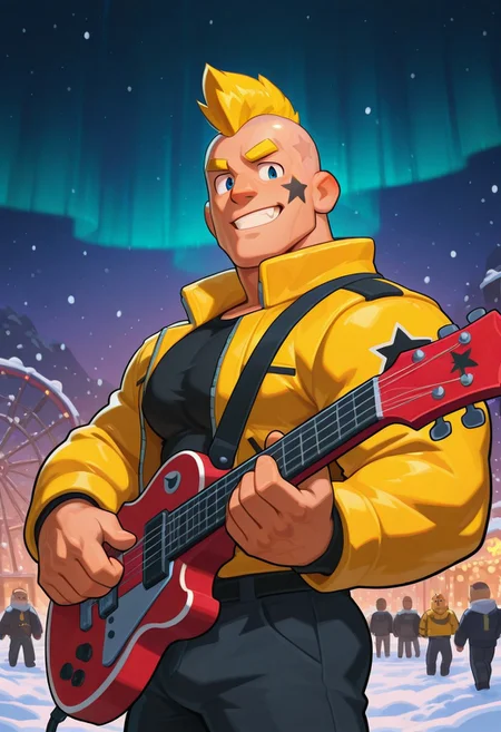 mbtiesfp, 1boy, blonde, short hair, black star on face,, yellow jacket, black shirt, looking at viewer, smirk, grin, happy, brawlStars, in the amusement park, pants, portrait, half body, upper body, blue eyes, shaved mohawk, source_cartoon, vector art, 2d, bara, manly, muscular, 3/4 view, night sky, aurora in the sky, snow, playing guitar, {{holding red electric guitar}}, in the concert, ((floating colorful muscial notes)), snowstorm, Side View, Pec focus, left view, warm lighting, with people walking background, {{colorful glowing musical notes}}, yellow eyebrows, yellow chin hair
