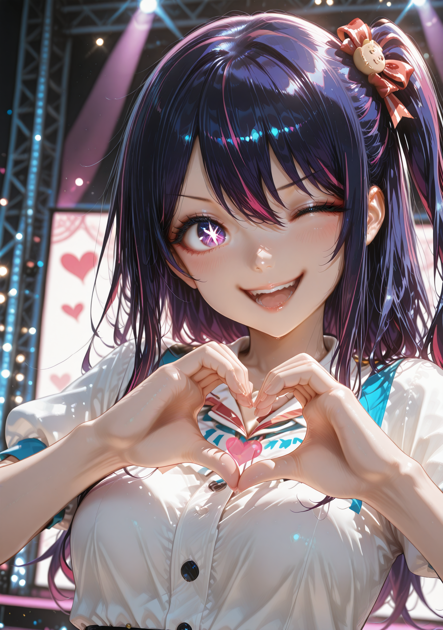 masterpiece,best quality,amazing quality,1girl,
<lora:arblend:1>,arblend,heart hands,smile,one eye closed,hoshino ai,stage lights,open mouth,teeth,upper body,