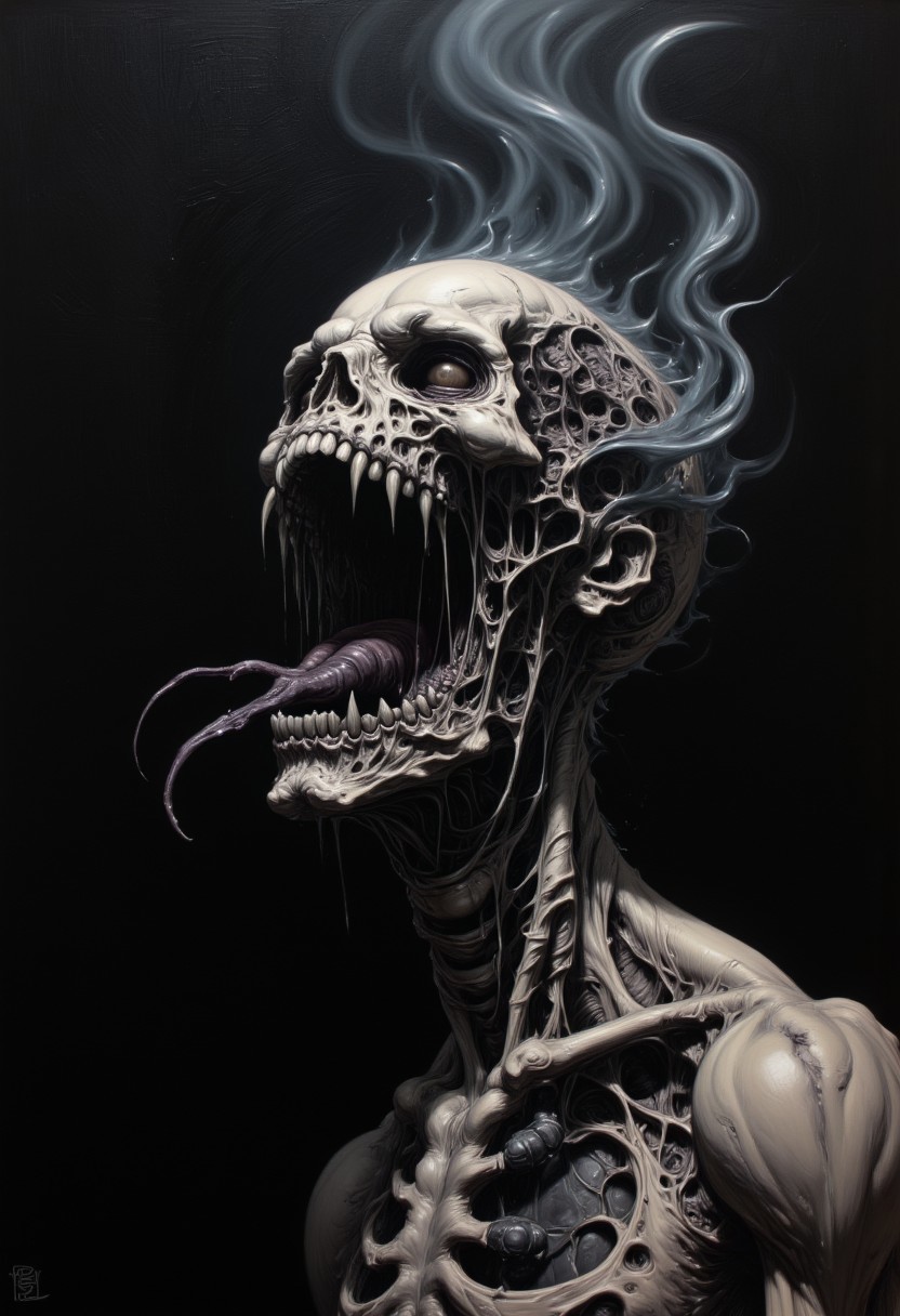 highly detailed oil painting of a skeletal skull with a grotesque, open-mouthed scream, exuding dark, smoky tendrils. The skull, rendered in shades of gray and black, appears to be disintegrating and his eyes are glowing in agony. The background is a muted black, enhancing the horrifying and eerie atmosphere. The image is a close-up, capturing the skull from the side and below angle.