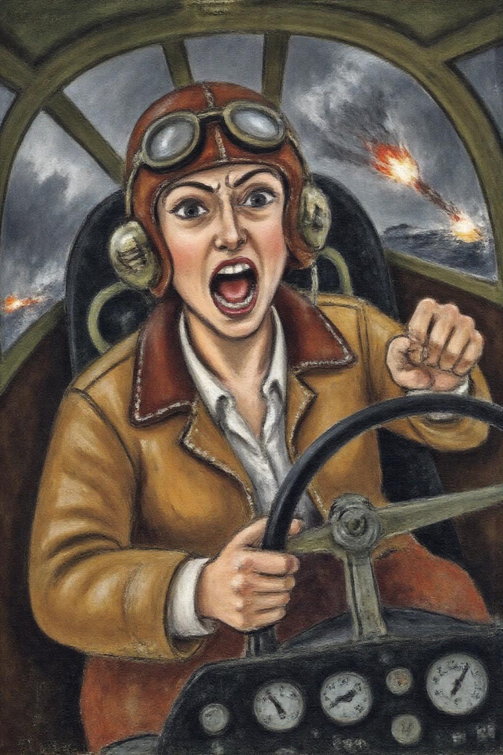 henrimatisse1 painting. 
 A female pilot screaming inside the cockpit of a World War II bomber. The pilot, wearing a vintage leather flight helmet with goggles and a bomber jacket, grips the controls with white-knuckled hands. Her face is contorted in a mix of fear and determination as she yells, her eyes wide with adrenaline. The cockpit is cramped and filled with old-fashioned dials and gauges, with the outside view showing dark stormy clouds and distant anti-aircraft fire  <lora:henrimatisse1_f16e11:1.0><lora:870964138912827318:0>