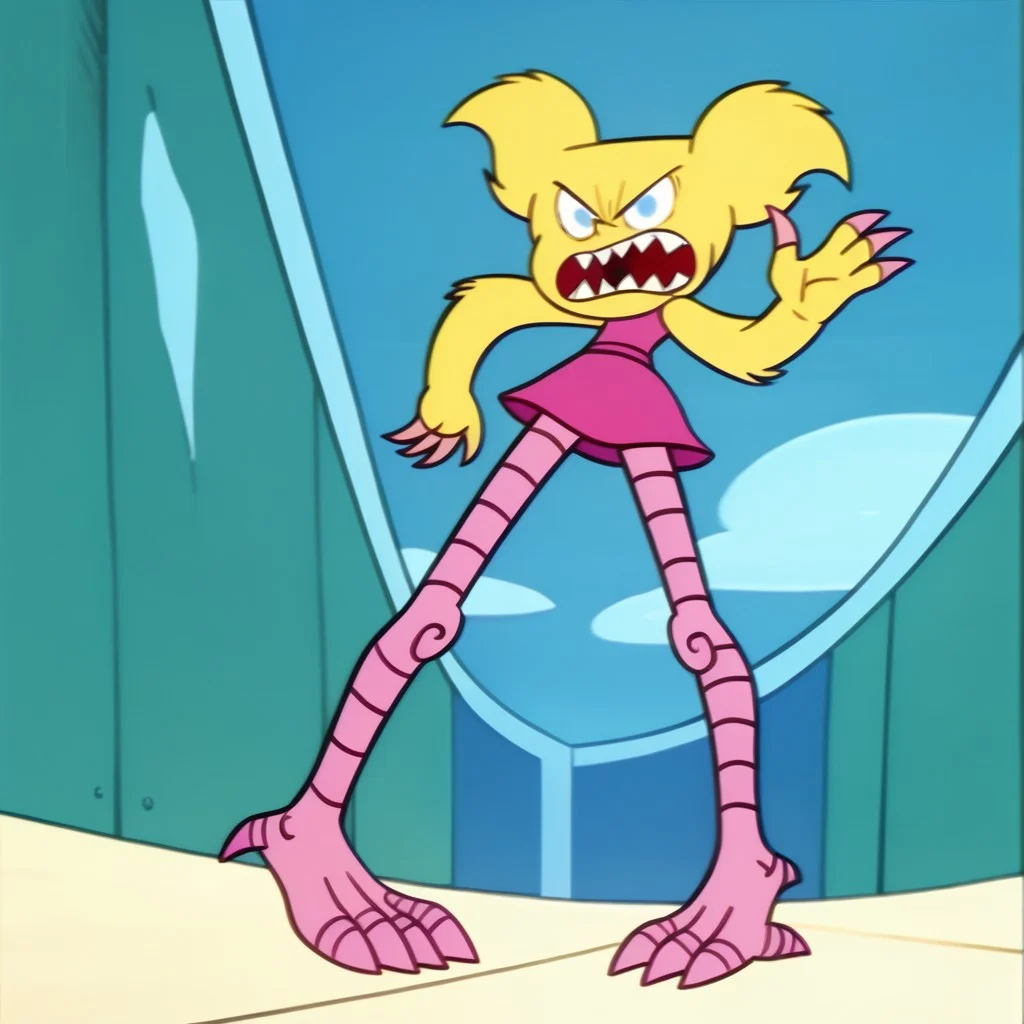 score_9, score_8_up, score_7_up BREAK DeeMon, 1girl, blonde fur, light blue eyes, sharp pointy teeth, pink claws, pink legs, sleeveless pink dress, flatshaded, flatshading, flat shading, screenshot, official art, parody, cartoon footage, official design, screencap, cartoon screenshot, official screenshot, 2d, cartoon, source_cartoon, solo, solo focus, angry at viewer, full body,