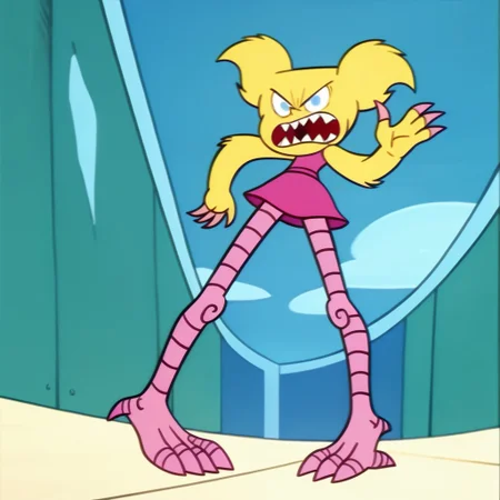 score_9, score_8_up, score_7_up BREAK DeeMon, 1girl, blonde fur, light blue eyes, sharp pointy teeth, pink claws, pink legs, sleeveless pink dress, flatshaded, flatshading, flat shading, screenshot, official art, parody, cartoon footage, official design, screencap, cartoon screenshot, official screenshot, 2d, cartoon, source_cartoon, solo, solo focus, angry at viewer, full body,