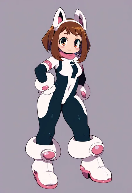 masterpiece, best quality, score_9, score_8_up, score_7_up, beautiful coloring, detailed coloring, beautiful shading, shiny skin, detailed shading, looking at viewer, 1girl, standing, hand on hip, cowboy shot
BREAK
<lora:Zankuro_Style_Pony:1>
BREAK
<lora:sdxl-mha-ochako-pony:1>, Uraraka Ochako, OchaCos, bodysuit, fingertip paw pad, white high-heels boots, arms wear, black tights, headgear
BREAK
simple background