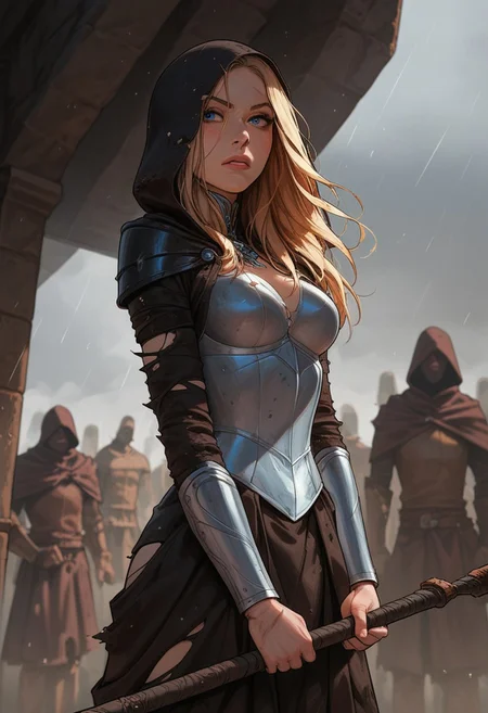 (score_9, score_8_up, score_7_up). (line work, excellent drawing, highest quality, extremely detailed:1.2). solo, 1girl, 24 year old woman, Battle Cleric, saint, vestal, hood, armor, religious, medium breasts, glossy lips, long lashes, blue eyes, blonde hair, innocent, cute face, pale skin, soft skin, determined, injured, slut face, (holding a staff), nympho, horseriding skirt, fantasy, dnd, g0thicPXL, romantic, source_cartoon, depth of field, medium distance, cowboy_shot, semirealistic, dynamic angle, side view, in profile, dark background, raining, torn clothes, muddy clothes, fighting pose, fighting stance, crowd in background, surrounded by enemies,