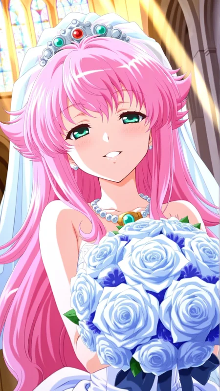source_anime, genral, best quality, masterpiece, 1girl, <lora:Mer_Bitter_ill_v1.0:1> mer_bitter\(srw\),green eyes, pink hair,flipped hair,very long hair, necklace, jewelry, wedding dress, church , happy, seductive smile, holding bouquet, light rays, incoming kiss,