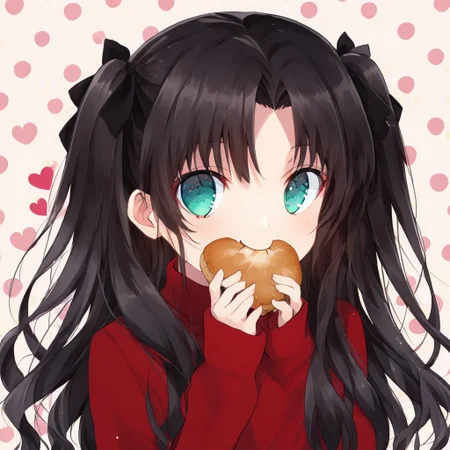 score_9, score_8_up, score_8, score_7_up, 
1girl, solo, ChopioTohsakaRin, black hair, long hair, two side up, parted bangs, hair ribbon, aqua eyes, looking at viewer, outfit_2, red sweater, turtleneck, cross, long sleeves, black skirt, pleated skirt, zettai ryouiki, black thighhighs, polka dots background, smile, eating, bread, loaf, eating, close shot, cute girl, looking at viewer,
cute, kawaii, hearts,