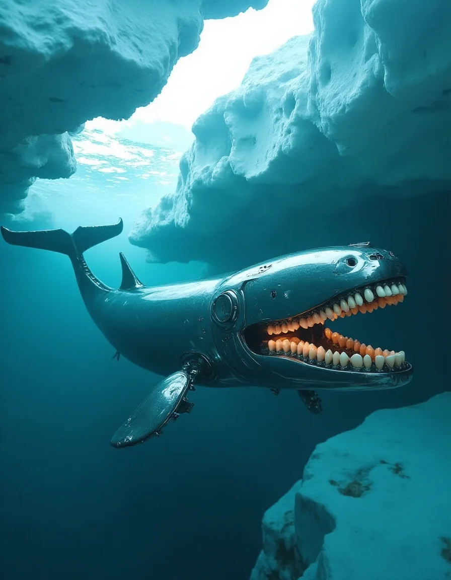 A robotic whale swims gracefully under a jagged ice shelf in the frigid, teal waters of the Arctic. Its reflective chrome body catches glimmers of sunlight filtering through cracks in the ice above. As it breaches and opens its massive mouth, the ral-rbotth inside gleam like polished ivory, their human-like detail shockingly realistic amidst the alien coldness of its surroundings. Each tooth is slightly imperfect, adding a surreal tension to the smooth, futuristic design of the whale.
<lora:ral-rbotth-flux_000003000:1>